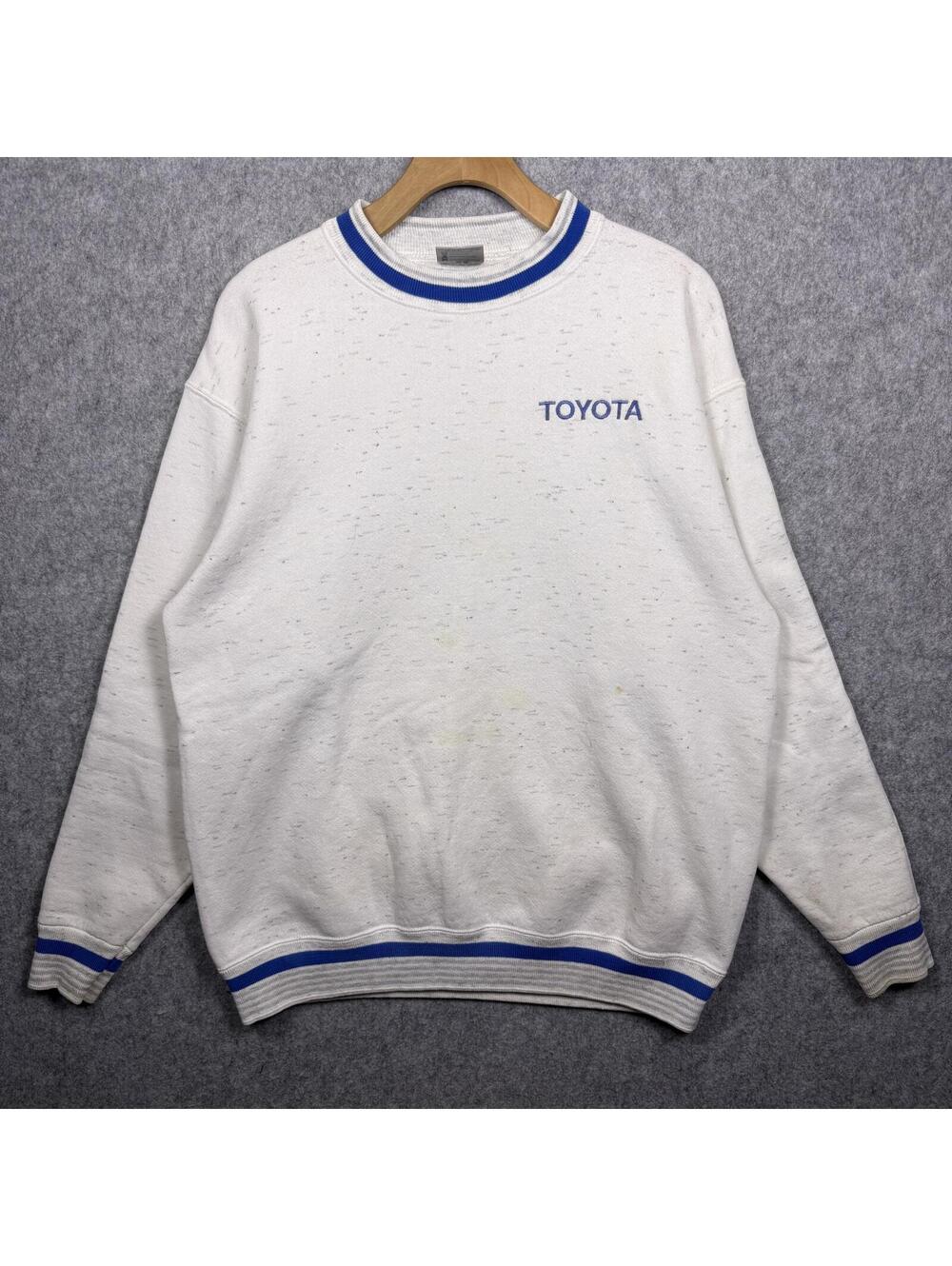 Vintage 90s Toyota Embroidered Logo Striped Trim Sweatshirt White L